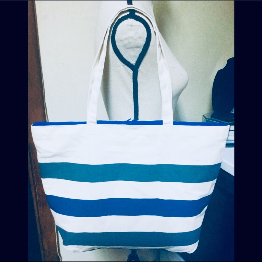 Large Off White Tote Shoulder Bag Purse: Grey & Blue Stripes, Blue Zipper-NEW